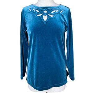 Bob Mackie Wearable Art Teal Velvet LS Vintage Top Beaded Cutwork Neckline XS